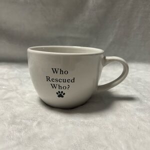Hausenware white black ceramic large mug coffee cup "Who Rescued Who?"